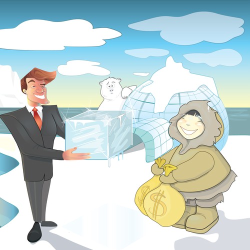 Funny character illustration with the title 'Selling ice to eskimo'