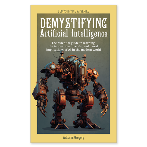 Steampunk book cover with the title 'Cover design for book on AI demystified'