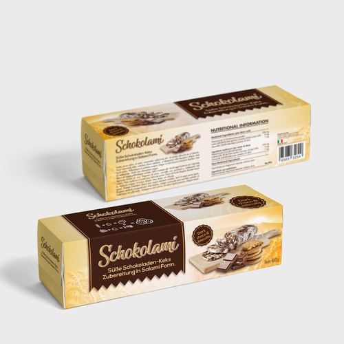 Biscuit packaging with the title 'Packing for choco salami with biscuits'