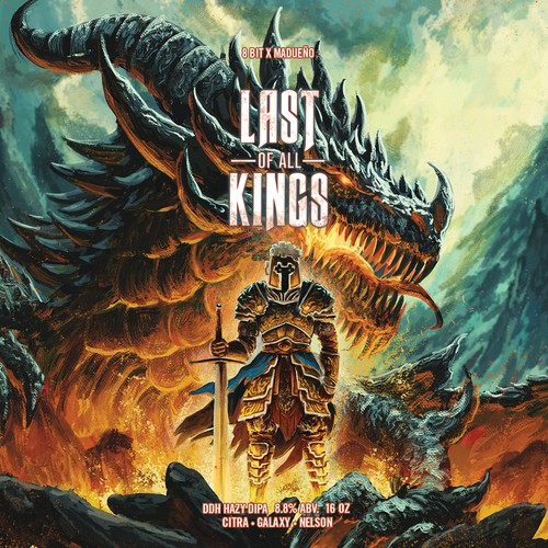 Knight design with the title '8Bit Brewing - Last of all kings label'