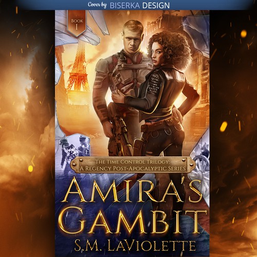 Time travel book cover with the title 'Amira's Gambit - Cover by Biserka Design'