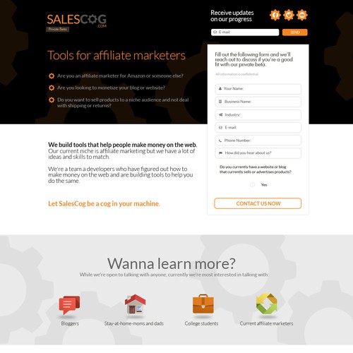 Automation design with the title 'SalesCog affiliate marketers sign-up landing page'
