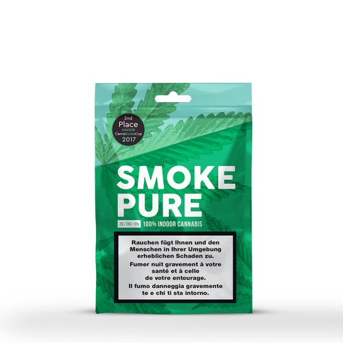 Cannabis packaging with the title 'SMOKE PURE'
