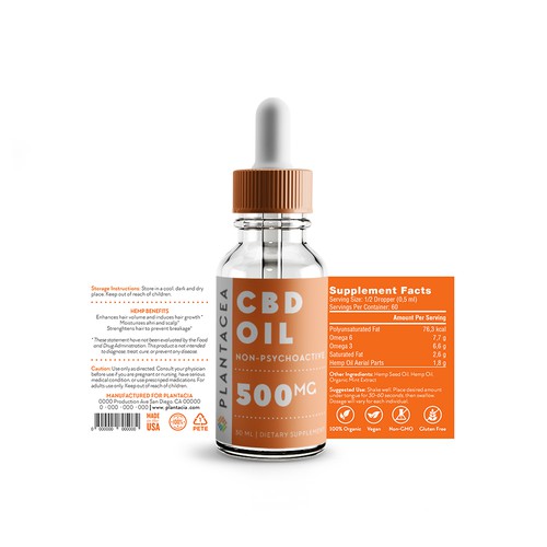 Dropper bottle packaging with the title 'Plantacea CBD Oil Label'