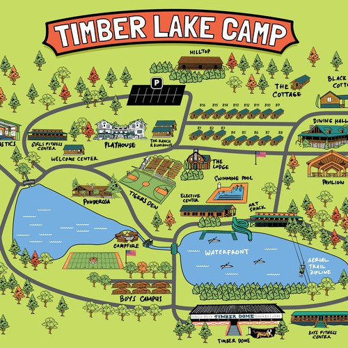 Map artwork with the title 'Timber Lake Camp'