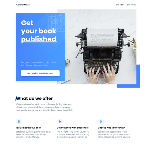 Survey design with the title 'Clean, minimalist desktop landing page for the writers'