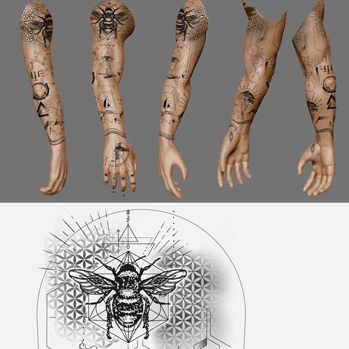 Sleeve design with the title 'Full Sleeve Tattoo - Geometric Honey Bee Sleeve Tattoo Design'