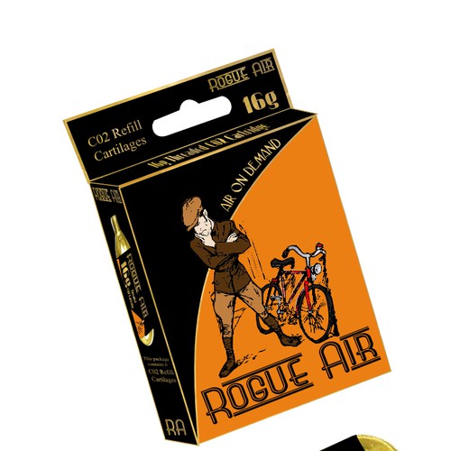 Retail label with the title 'Create a capturing c02 cartridge label and packaging for RogueComponents'