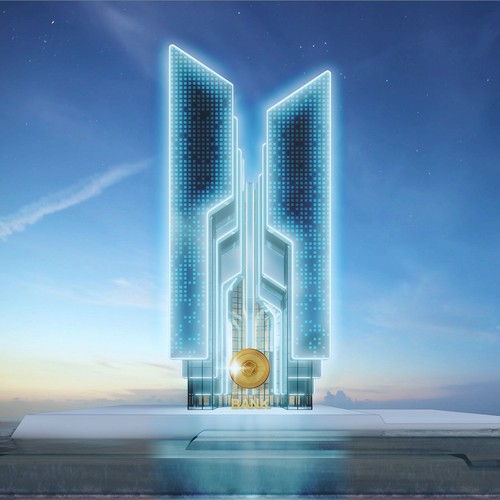 Futuristic artwork with the title 'Metaverse Tower'