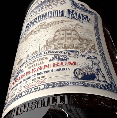 Label with the title 'Tashmoo Navy Strength Rum Commodores Reserve'