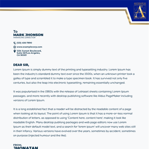 Letterhead design with the title 'Luxury Business Letterhead Design - Blue & Gold Combination for a Professional Impression'