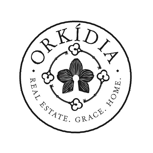 Black brand with the title 'Orkídia Real Estate. Grace. Home.'