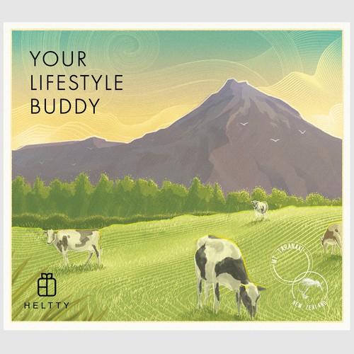 Landscape artwork with the title 'Heltty box wallet illustration'