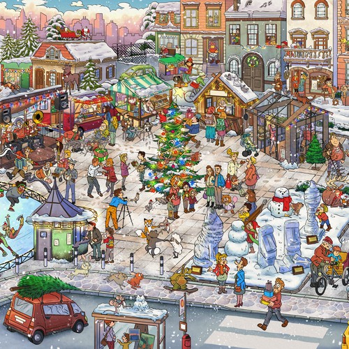 Book illustration artwork with the title 'Attention to the Seasons - A Memory-Training Children's Book Winter Illustration'