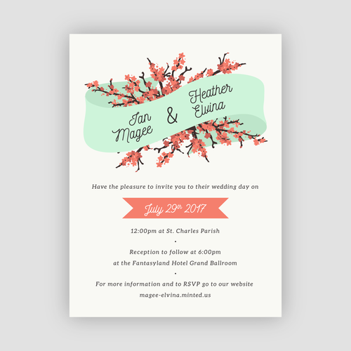 Coral design with the title 'Cherry blossom wedding invitation'