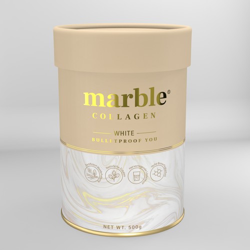 Mockup packaging with the title 'MARBLE COLLAGEN POWDER DRINK'