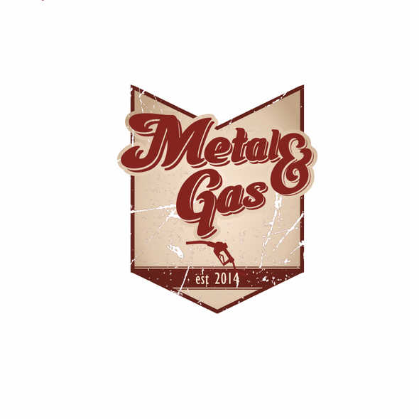 加油站标志，标题为“METAL & Gas”古董车和回收家具设计”