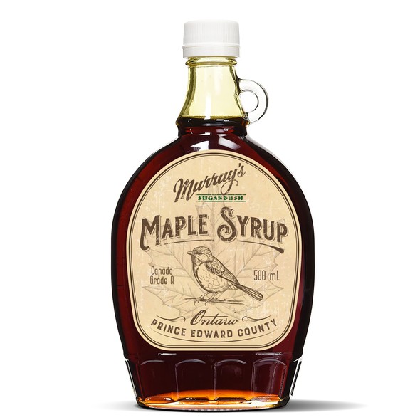 Classic label with the title 'Murrays' Sugarbush Maple Syrup label'