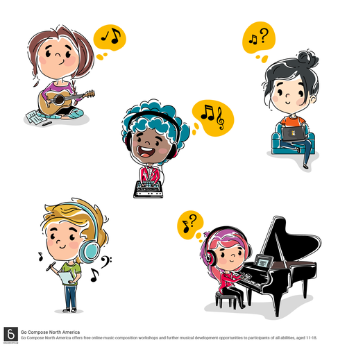 Kawaii design with the title 'Illustrations done for a online music composition workshop'