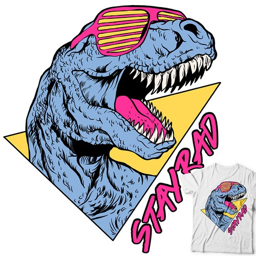 Pop art design with the title 'STAY RAD 90's T-REX'
