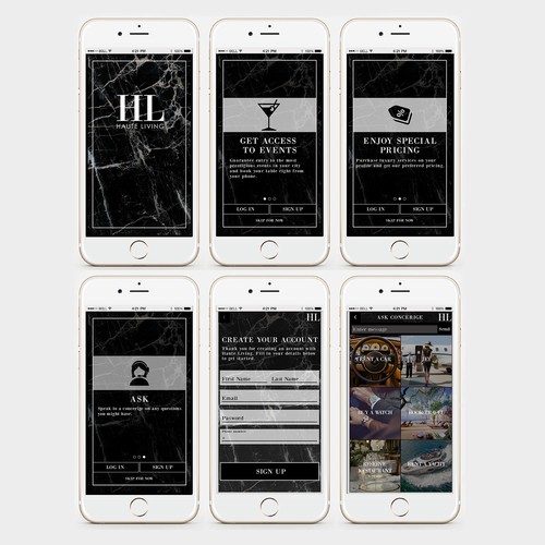 Marble design with the title 'Haute Living app design'