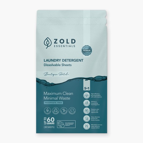 Laundry design with the title 'Zold Essentials Laundry Detergent Sheets'