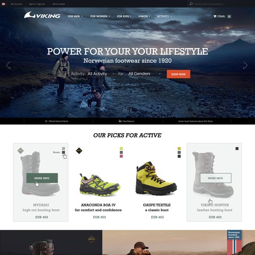 Sports website with the title 'Website Design for Viking Footwear company'