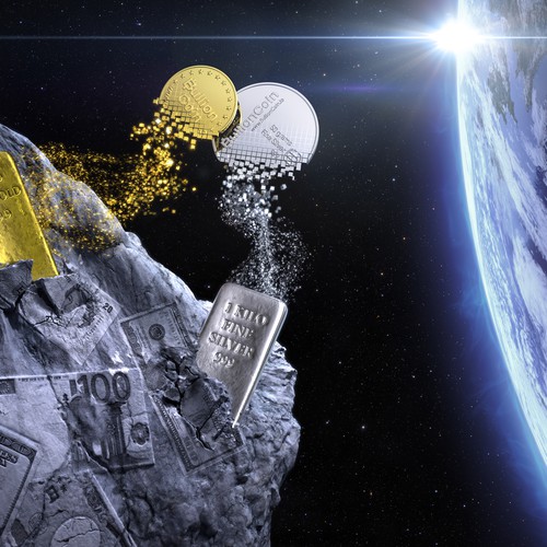 Stone design with the title 'Gold and silver cryptocurrency'