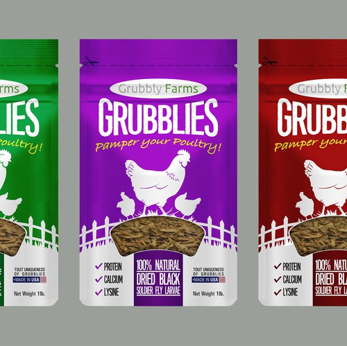 Farm packaging with the title 'Grubblies Pamper your poultry design'