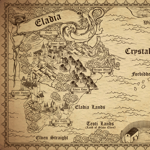 Medieval book cover with the title 'Eladia Land Fantasy Map'