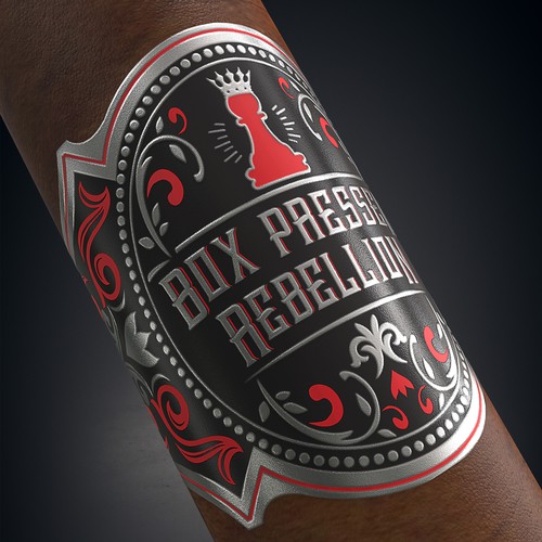 Vintage label with the title 'Box Pressed Rebellion Cigar Band Design'