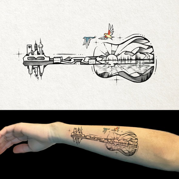Guitar design with the title 'Guitar & Birds Tattoo'