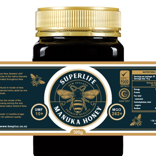 Honeybee design with the title 'Superlife Manuka Honey'