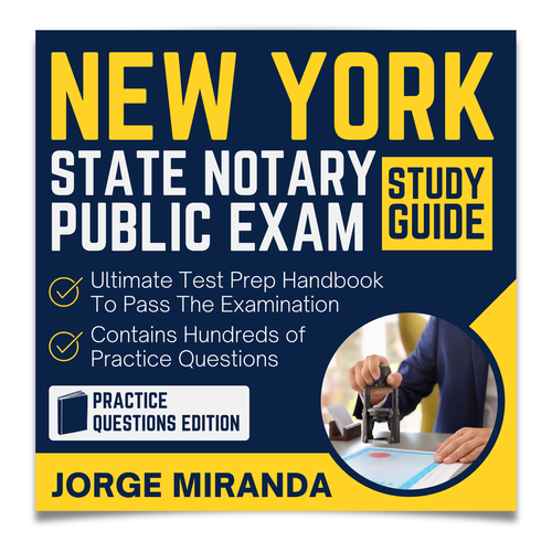 Study design with the title 'New York State Notary Public Exam Study Guide'