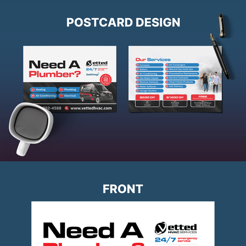 Air conditioning design with the title 'Revitalizing Home Comfort: Vetted HVAC Services Postcard Design'