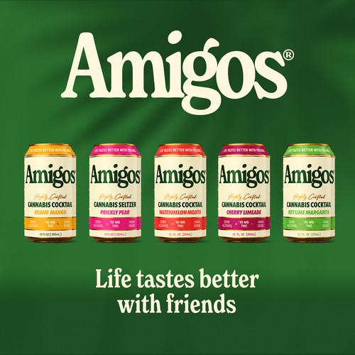 Beverage label with the title 'Amigos THC Infused Beverages Cans'