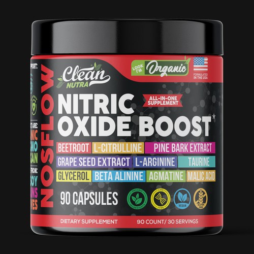 Vegan food packaging with the title 'NITRIC OXIDE BOOST'