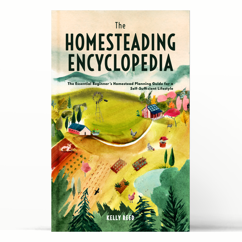 Watercolor book cover with the title 'Illustrated book cover for off-grid homesteaders'