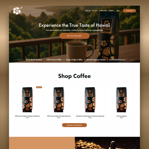 JavaScript design with the title 'Design Refresh for Kona Coffee Co.'