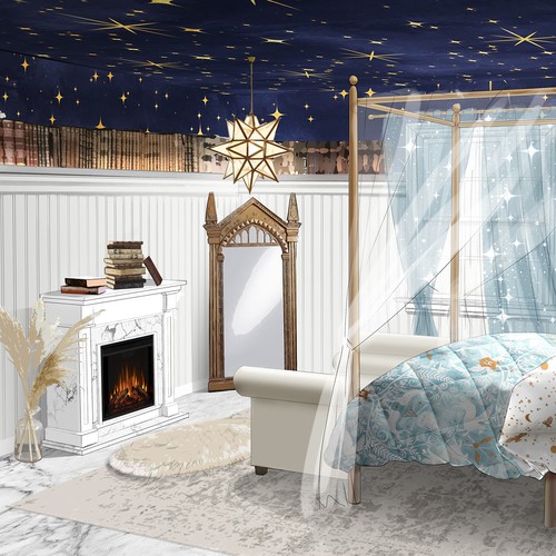 Interior design illustration with the title 'Interior project inspired by Harry Potter world'