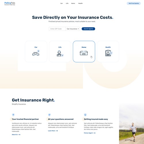 Insurance website with the title 'PolicyPals landings page'