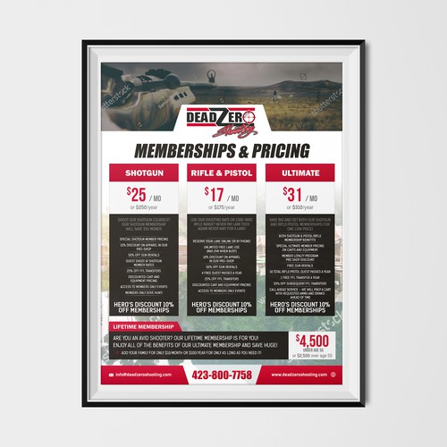 Shooting design with the title 'Dead Zero Memberships & Pricing Poster'