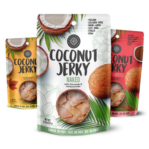 Packaging with the title 'Consciously Snacking Coconut Jerky'