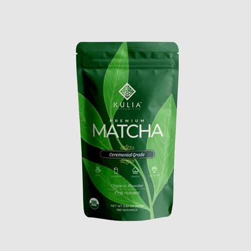 Matcha packaging with the title 'Pouch design for a versatile and high-quality organic matcha powder'