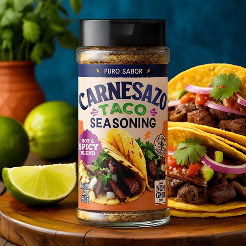 Retail packaging with the title 'Carnesazo – Taco Seasoning Retail Packaging Design'