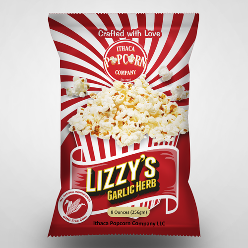 Package label with the title 'Popcorn packaging for Lizzy's - Garlic Herb flavour'