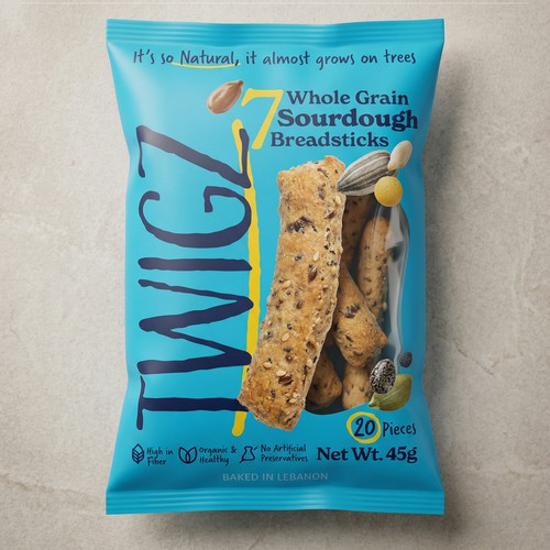 Artwork packaging with the title 'TWIGZ | 7 Whole Grain Sourdough Breadsticks Packaging'