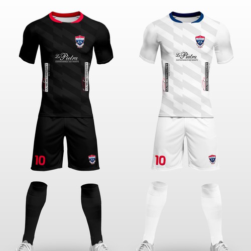 Football design with the title 'Soccer uniforms  home and away'
