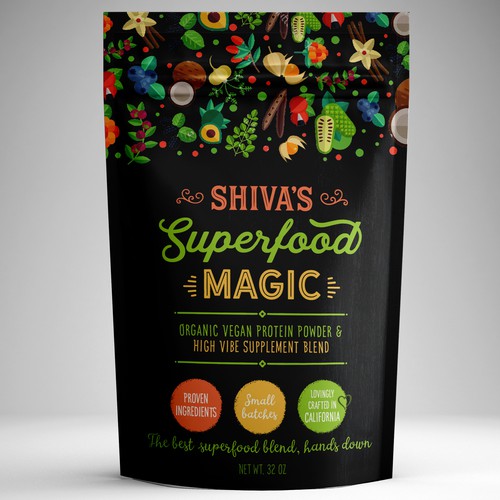 Superfood packaging with the title 'Shiva's Superfood Magic'