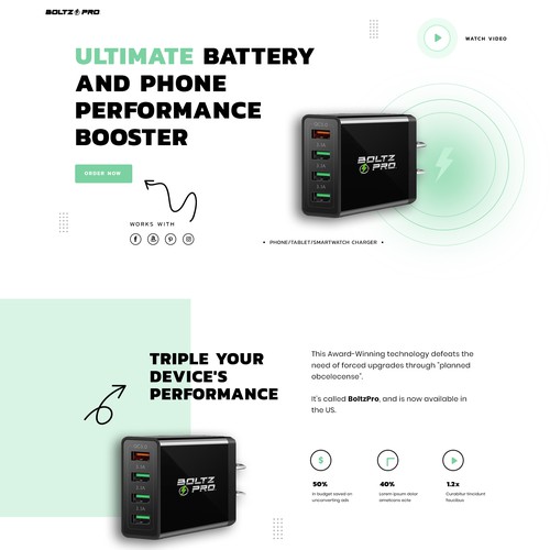 Rating design with the title 'eComm High Converting Product Landing Page for Boltzpro.'